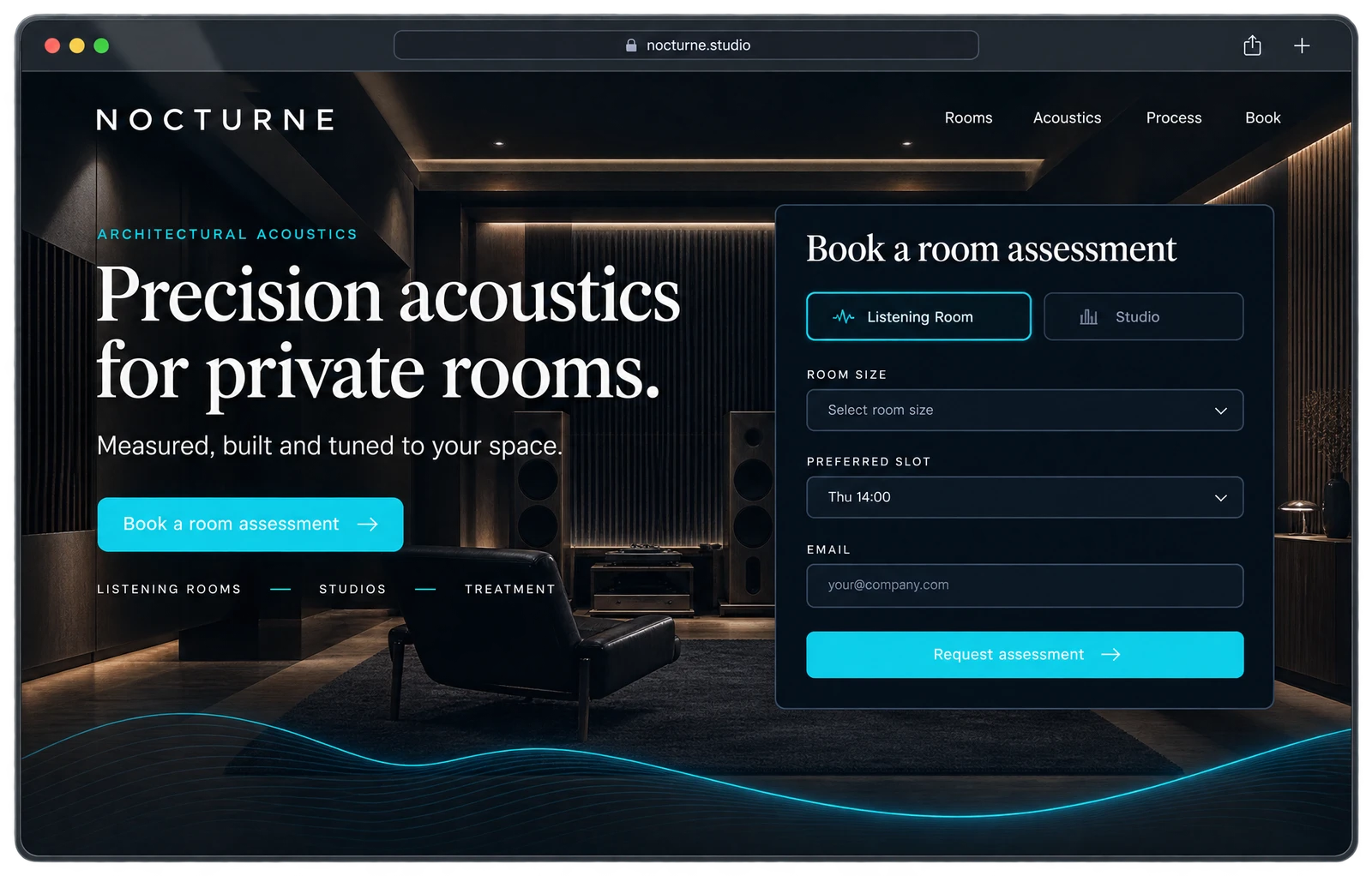 Illustrative Nocturne Acoustics website with a room assessment enquiry form.